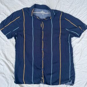 Hollister Men's Navy Shirt with Orange and Light Blue Stripes